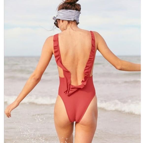 Aerie Ruffle Low Back One Piece Tan Terracotta One Piece Bathing Suit Size L - Picture 8 of 9